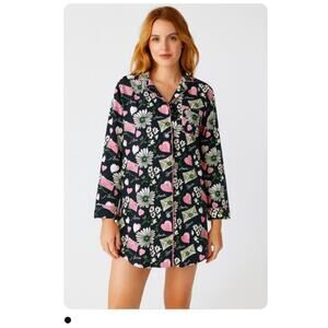 Jessie Steele SZ XL 100% Cotton Flannel Black Hearts Flowers Letters Night Shirt